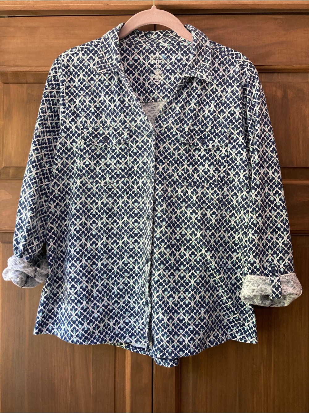 Casual Croft&Barrow Blue & Green Print Roll-Sleeve Button-up Shirt PXL